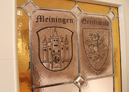 Traditionelle Glasmalerei als Türenglas - Wappen Meiningen Greifswald